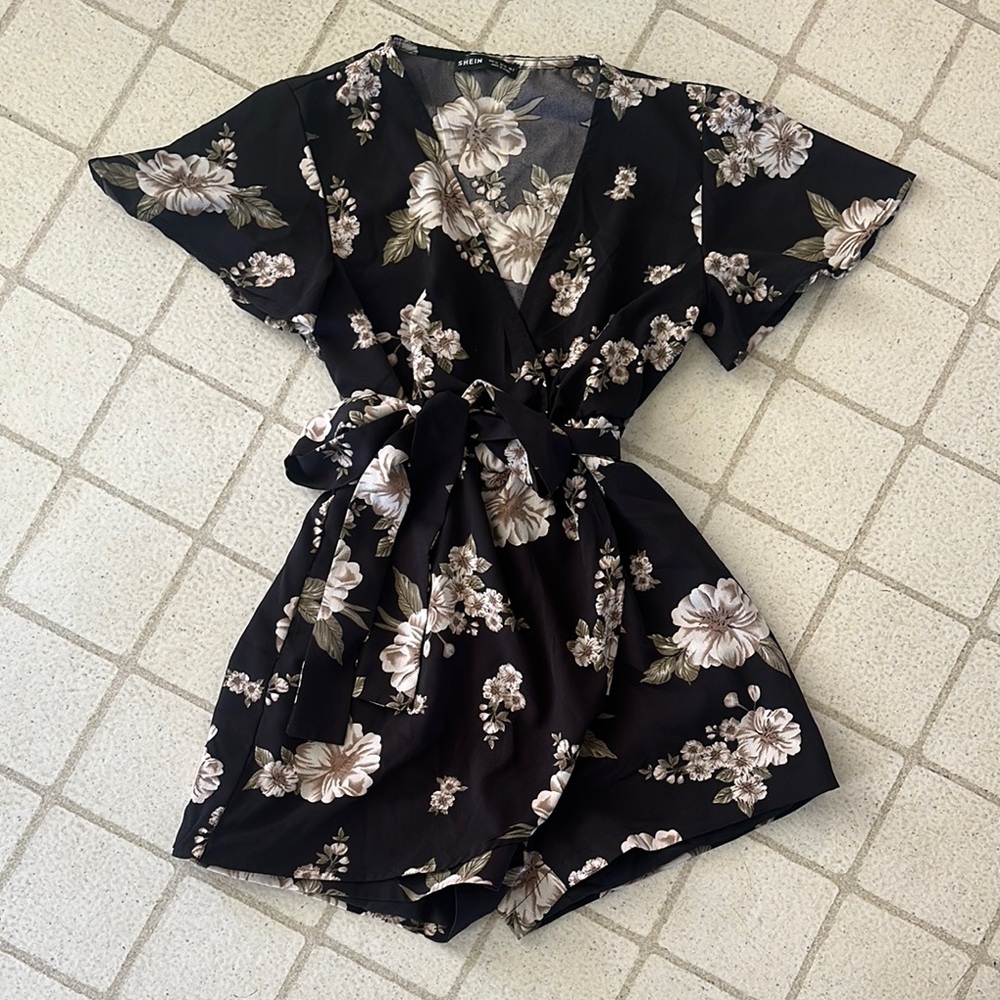 Floral Black Wrap Romper